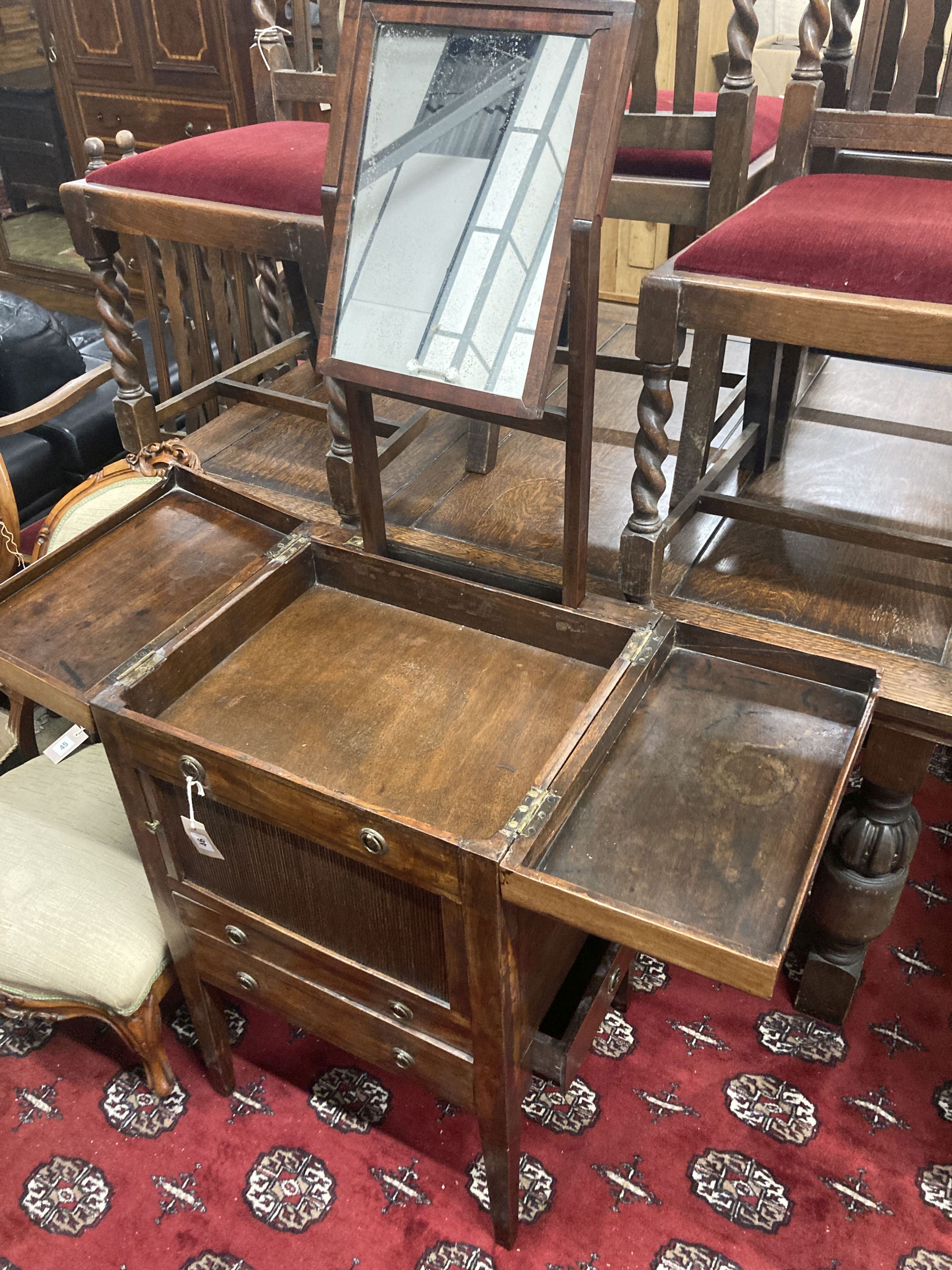 A George III mahogany tambour front enclosed washstand, width 53cm, depth 45cm, height 87cm